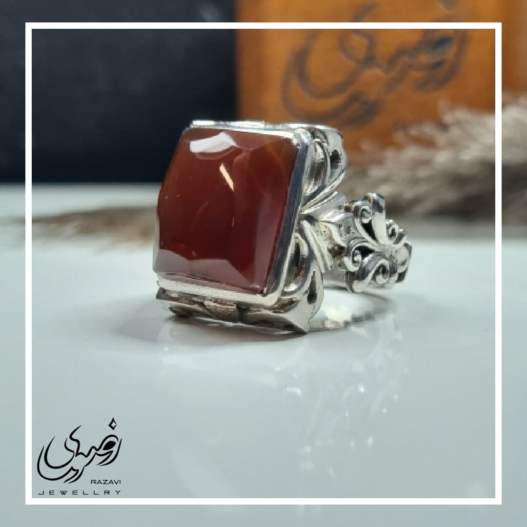 انگشتر نقره مردانه کاملا دست‌ساز عقیق یمنی کرزی الماس تراش درجه یک نوع رکاب شبکه کاری شده آبکاری رادیوم — تصویر ۷