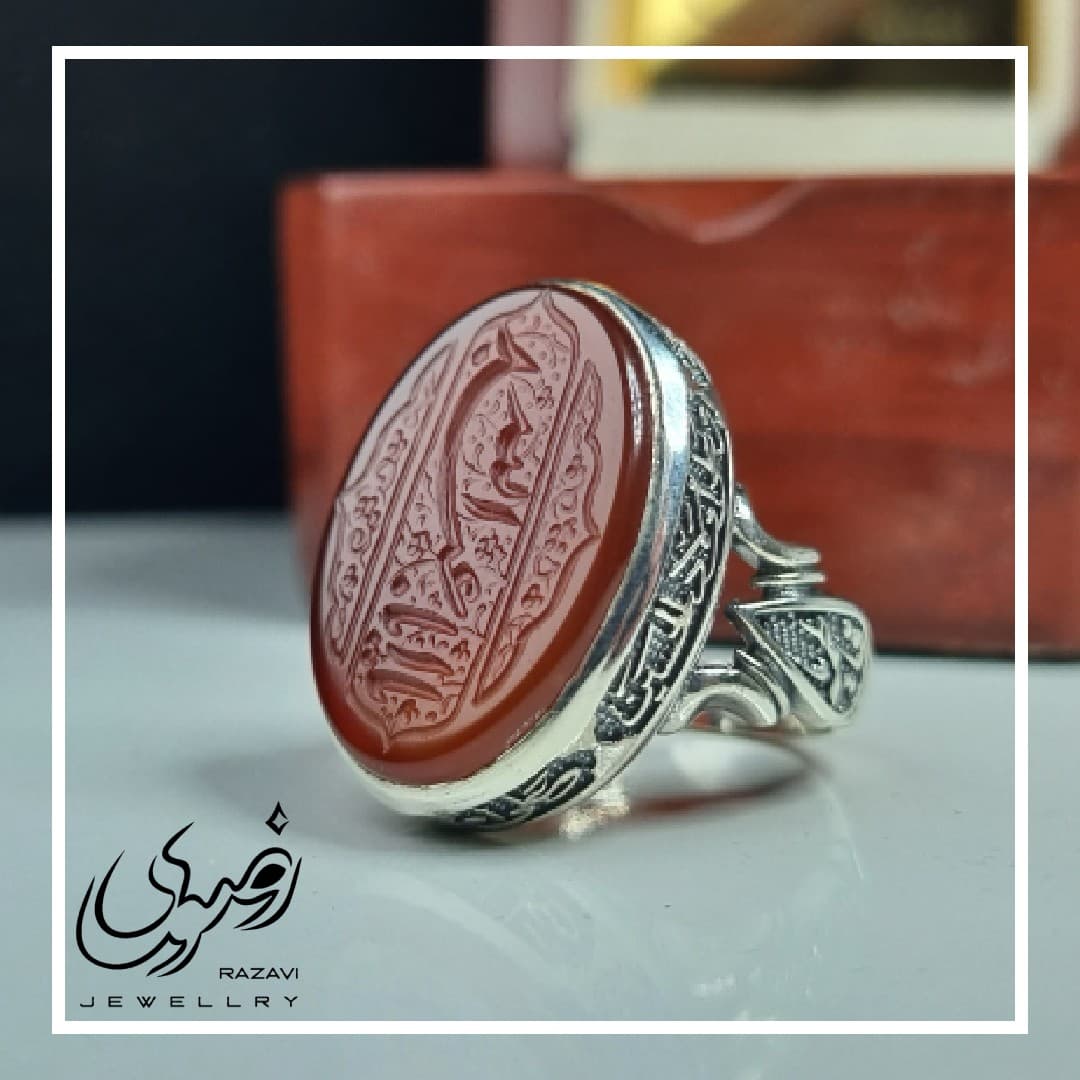 انگشتر نقره مردانه عقیق سرخ با حکاکی یا اباعبدالله (ع) — تصویر ۷