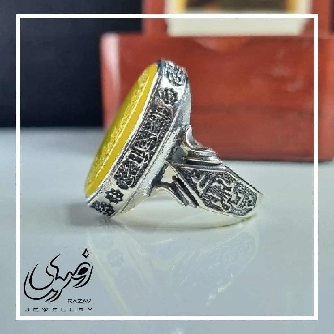 انگشتر مردانه نقره عقیق زرد با حکاکی یا رفیق من لا رفیق له — تصویر ۲