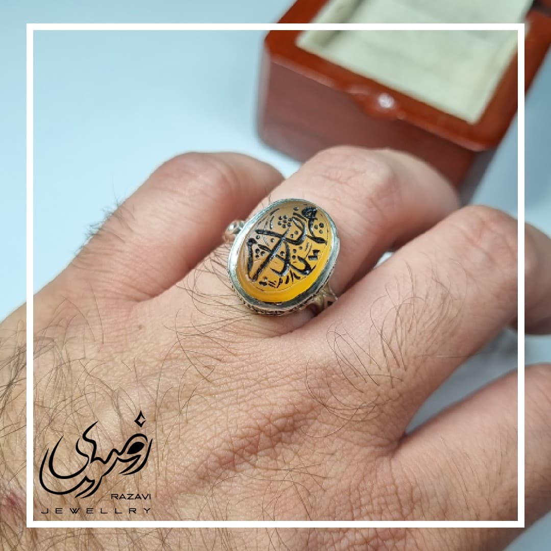 انگشتر نقره مردانه عقیق یمانی پرتغالی با حکاکی یا مهدی — تصویر ۴