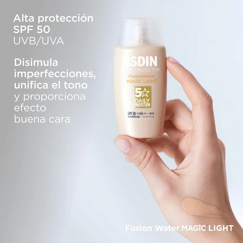 ضد آفتاب فیوژن واتر مجیک رنگی ایزدین اصل Isdin Fotoprotector Fusion Water MAGIC Light SPF 50 اورجینال — تصویر ۵