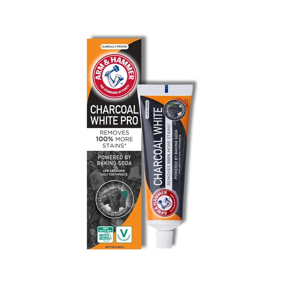 خمیر دندان زغالی و سفید کننده برند آرم اند هامر ARM & HUMMER مدل CHARCOAL WHITE حجم 75 میل اورجینال