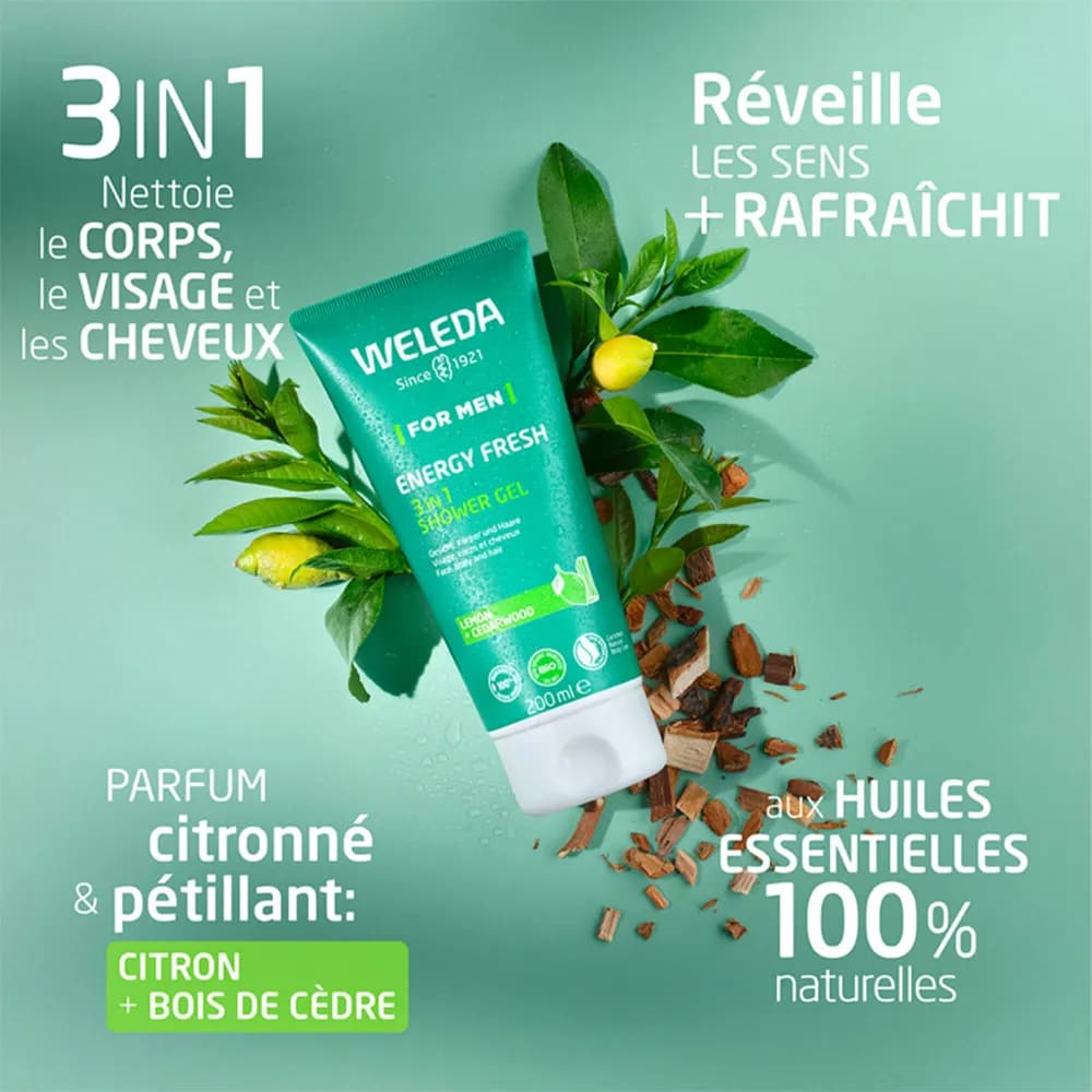 ژل شستشو صورت، بدن، مو 3 در 1 ولدا weleda مناسب آقایان مدل energy fresh حجم 200 میل — تصویر ۸