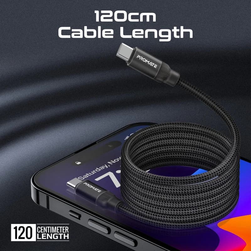 کابل USB-C پرومیت مدل SPRINGY.BLK طول 1.2 متر — تصویر ۲