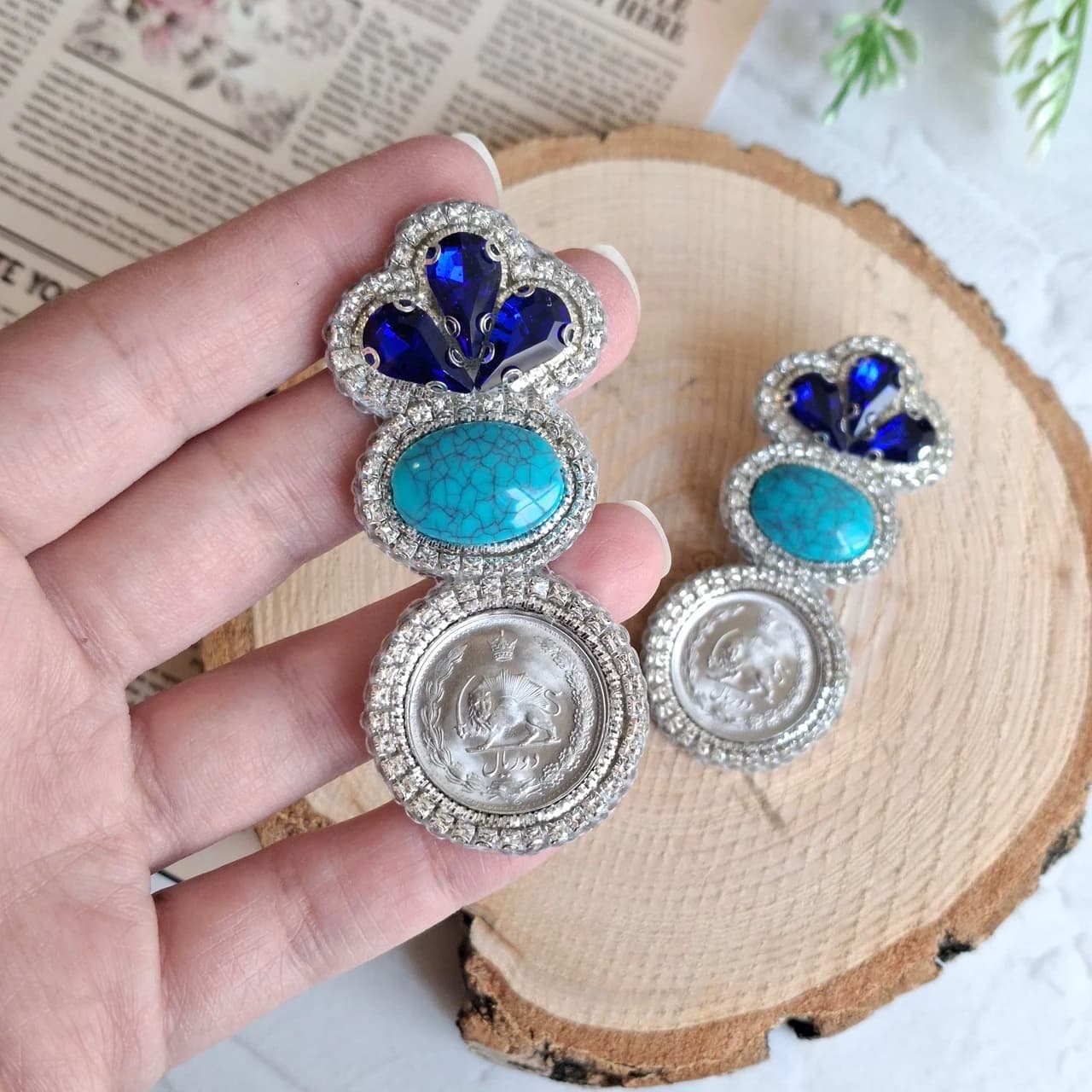 گوشواره جواهردوزی فیروزه سکه ای کد 2257 — تصویر ۲