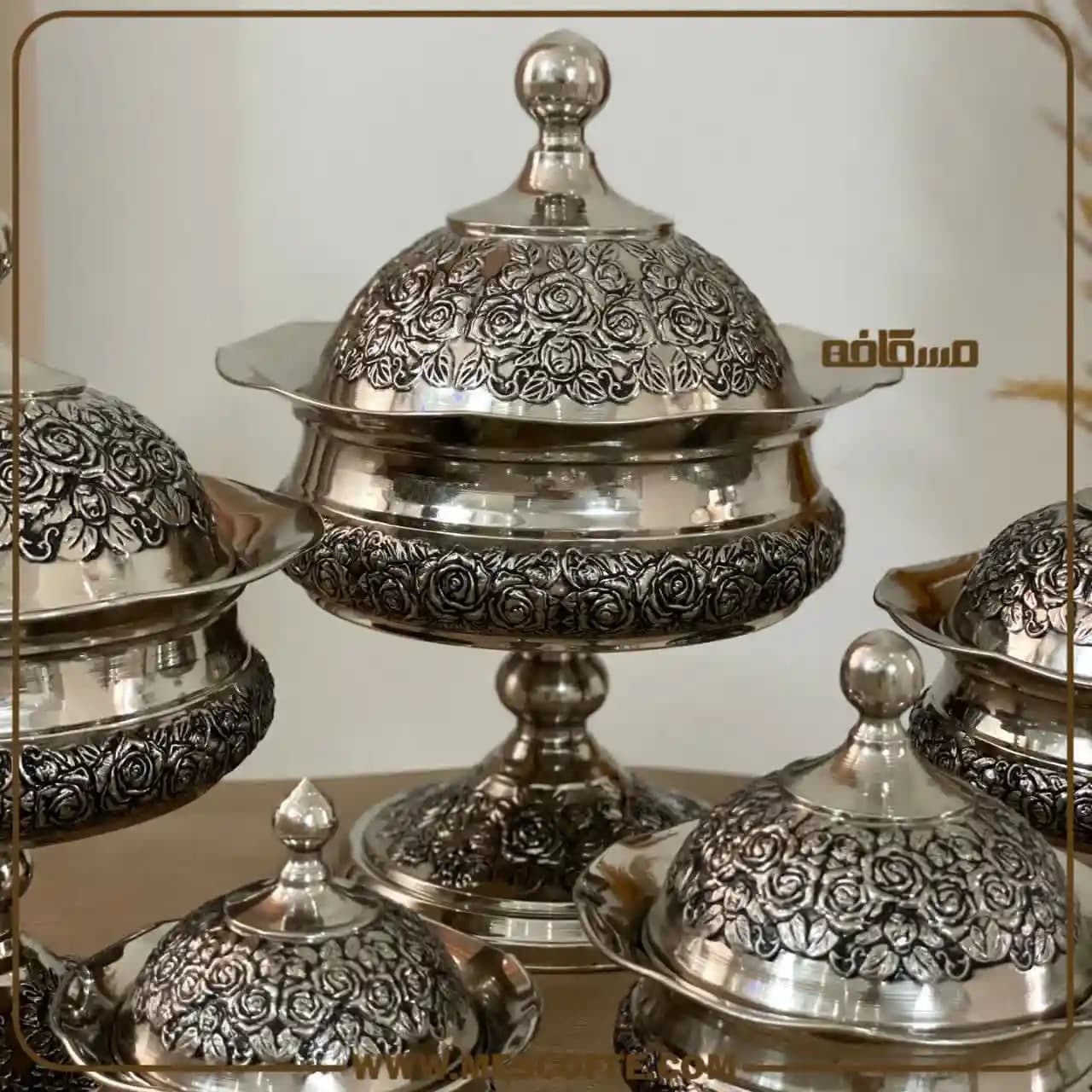 سرویس پذیرایی مسی سفید(مدل گل رز پایه دار/برند سویل) — تصویر ۶