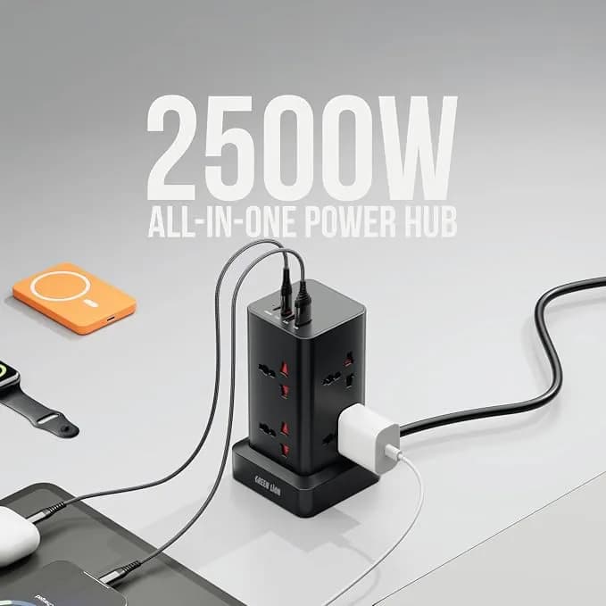 چندراهی برق عمودی گرین لاین 2500 وات با 8 پریز و 4 پورت مدل Green Lion Power Tower Multi-Port Power Strip (GNPWS2500W) — تصویر ۶
