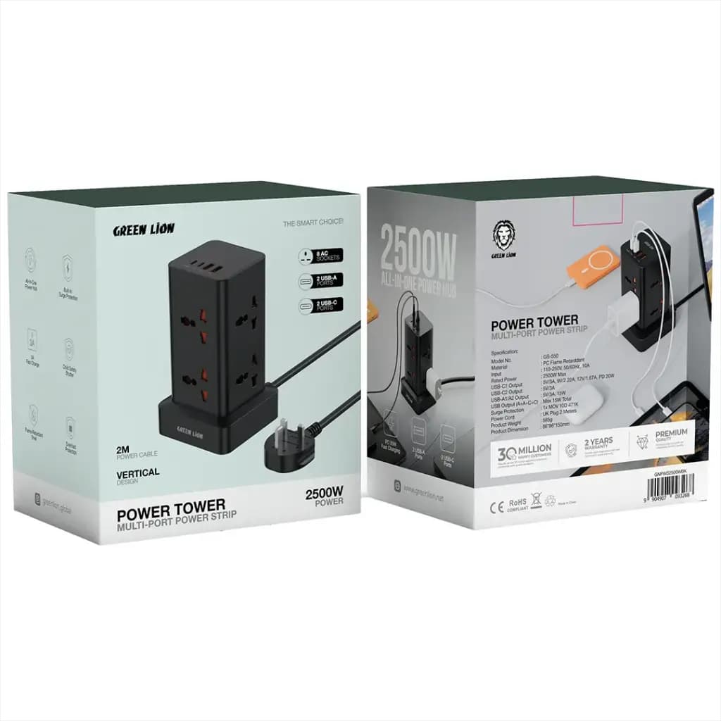 چندراهی برق عمودی گرین لاین 2500 وات با 8 پریز و 4 پورت مدل Green Lion Power Tower Multi-Port Power Strip (GNPWS2500W) — تصویر ۴
