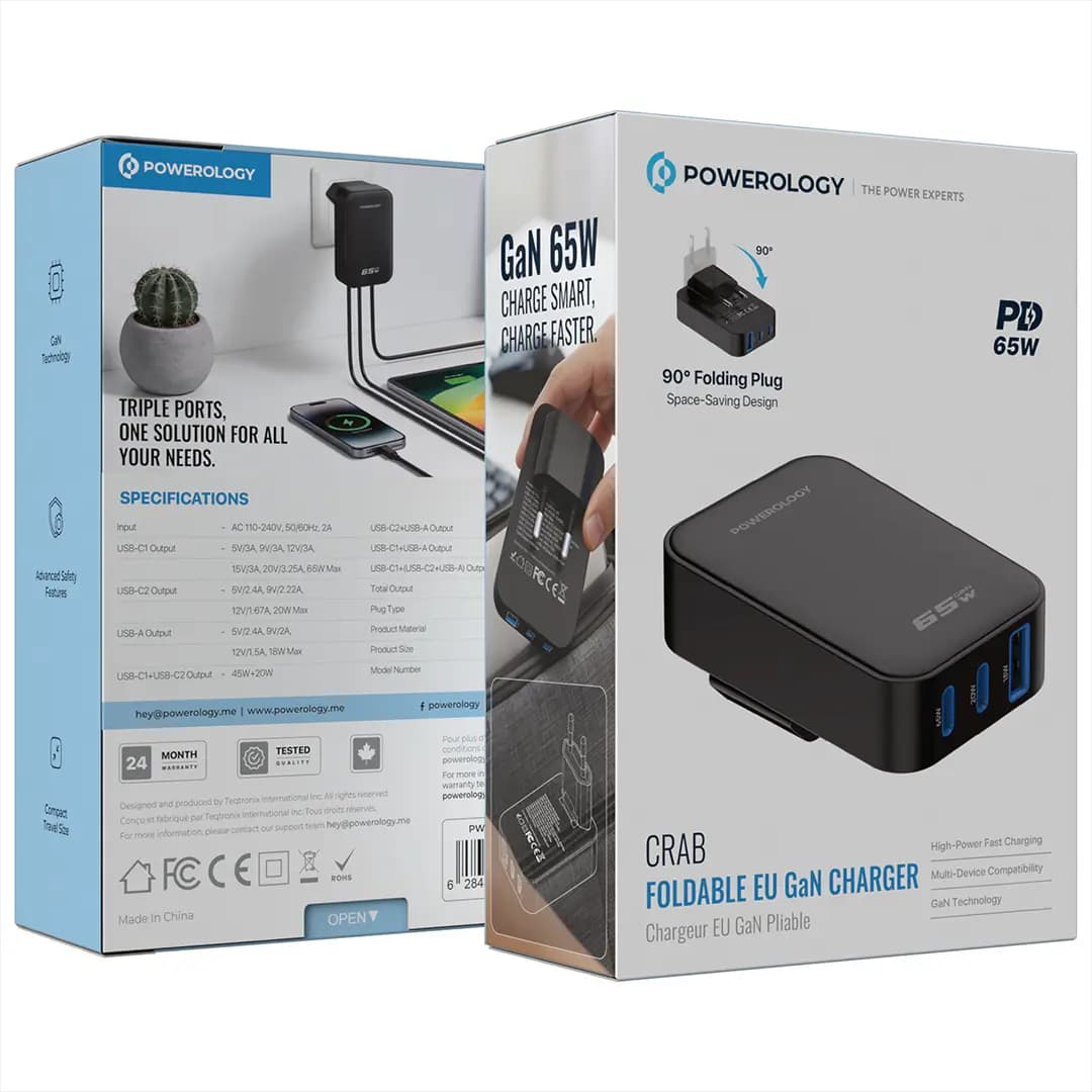 شارژر تاشو 65 وات 3 پورت مدل Crab پاورولوژی(PWCUQC068BK)Powerology Crab Foldable EU GaN Charger – Black — تصویر ۶