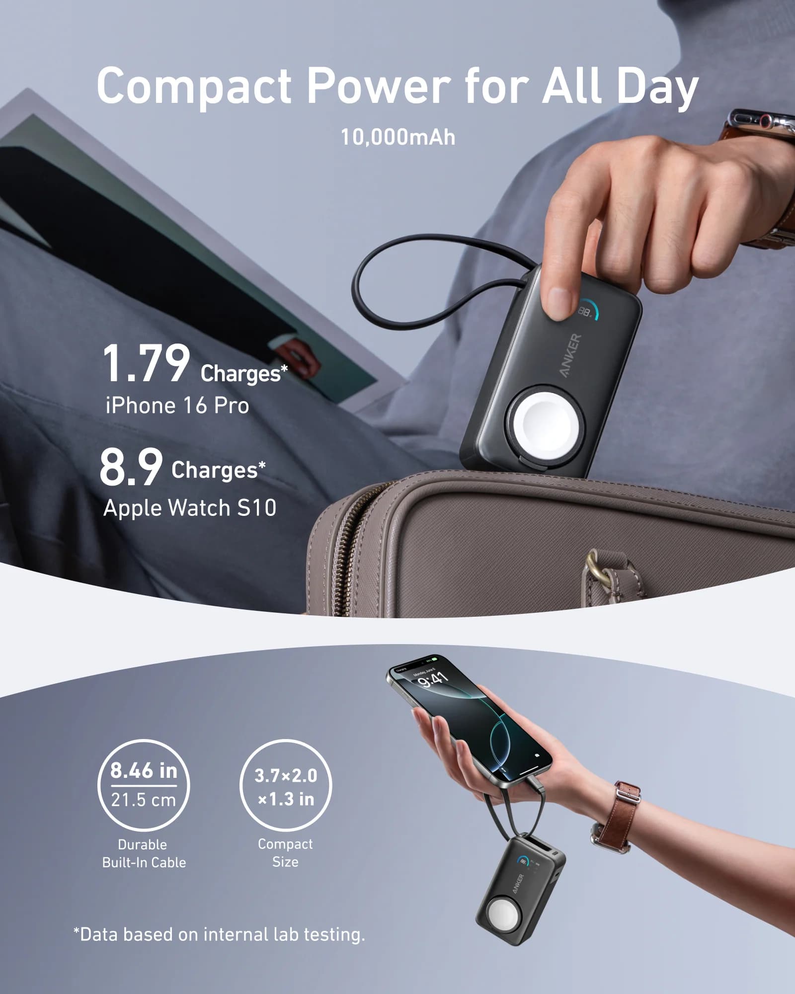 پاوربانک 10 هزار میلیآمپر 35 وات همراه با کابل داخلی انکر مدل (A1657H11) Anker MagGo Power Bank 10K, 35W, For Apple Watch — تصویر ۶