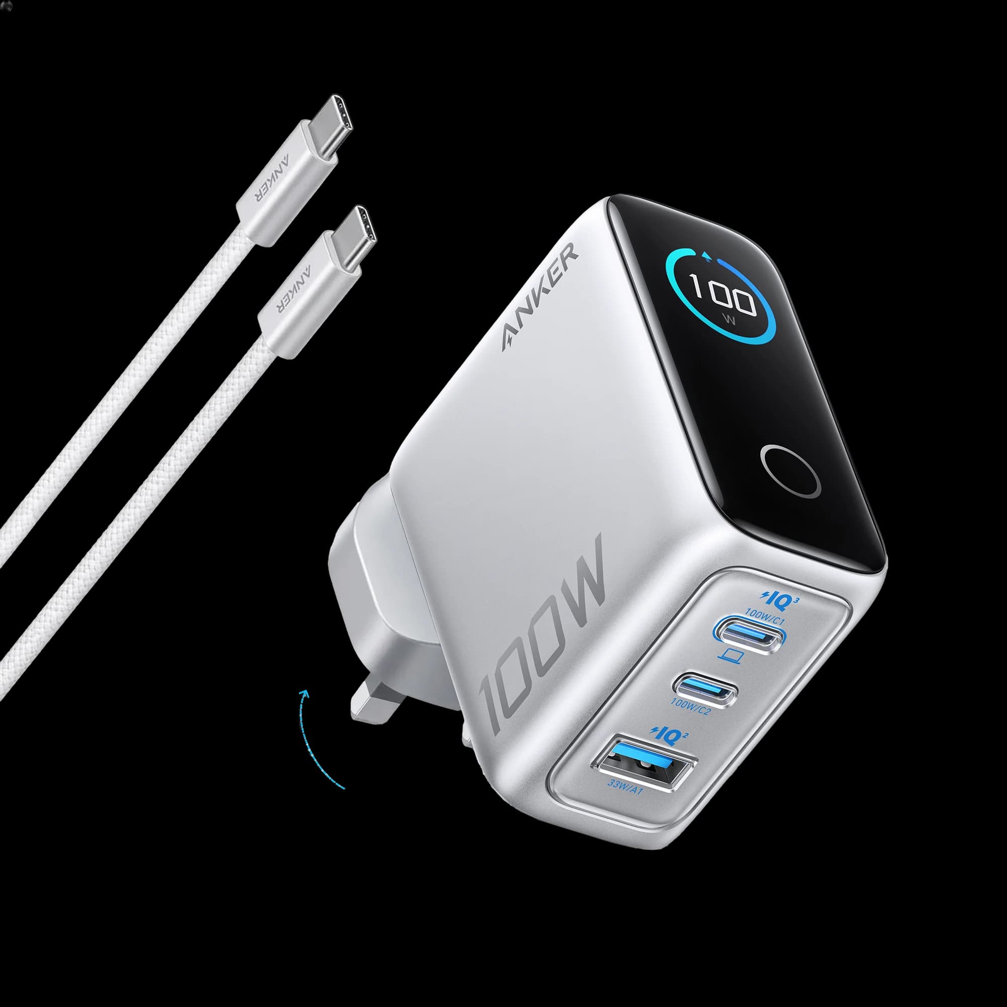 شارژر دیواری 100 وات سه پورت انکر همراه با کابل USB-C مدل (B121B) Anker Charger 100W, 3 Ports, Smart Display With USB-C Cable — تصویر ۳