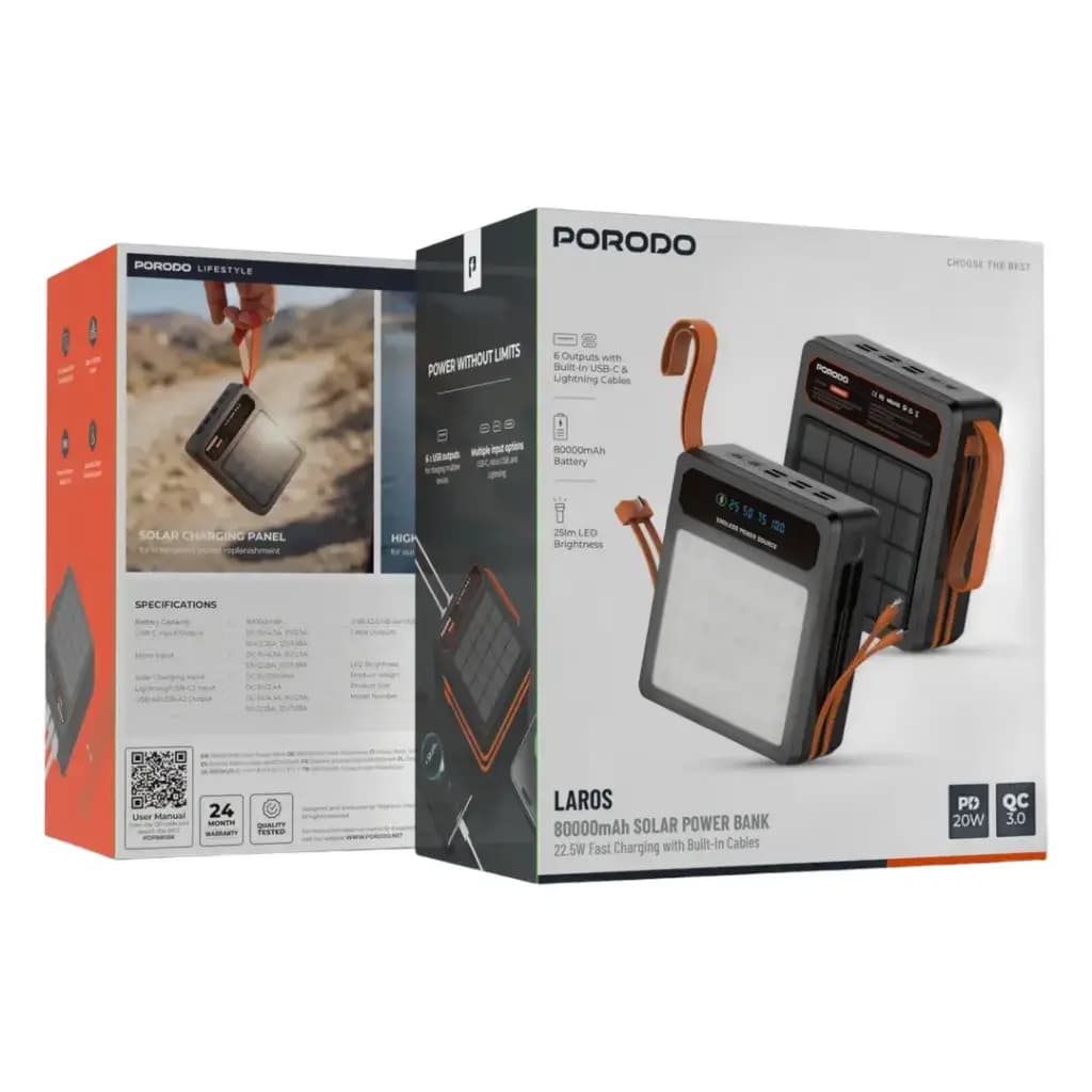 پاوربانک خورشیدی 80000 میلی آمپر پرودو Laros مدل (PDPB80) Porodo Laros Solar Power Bank with 22.5W Fast Charging & Built-In Cable — تصویر ۲