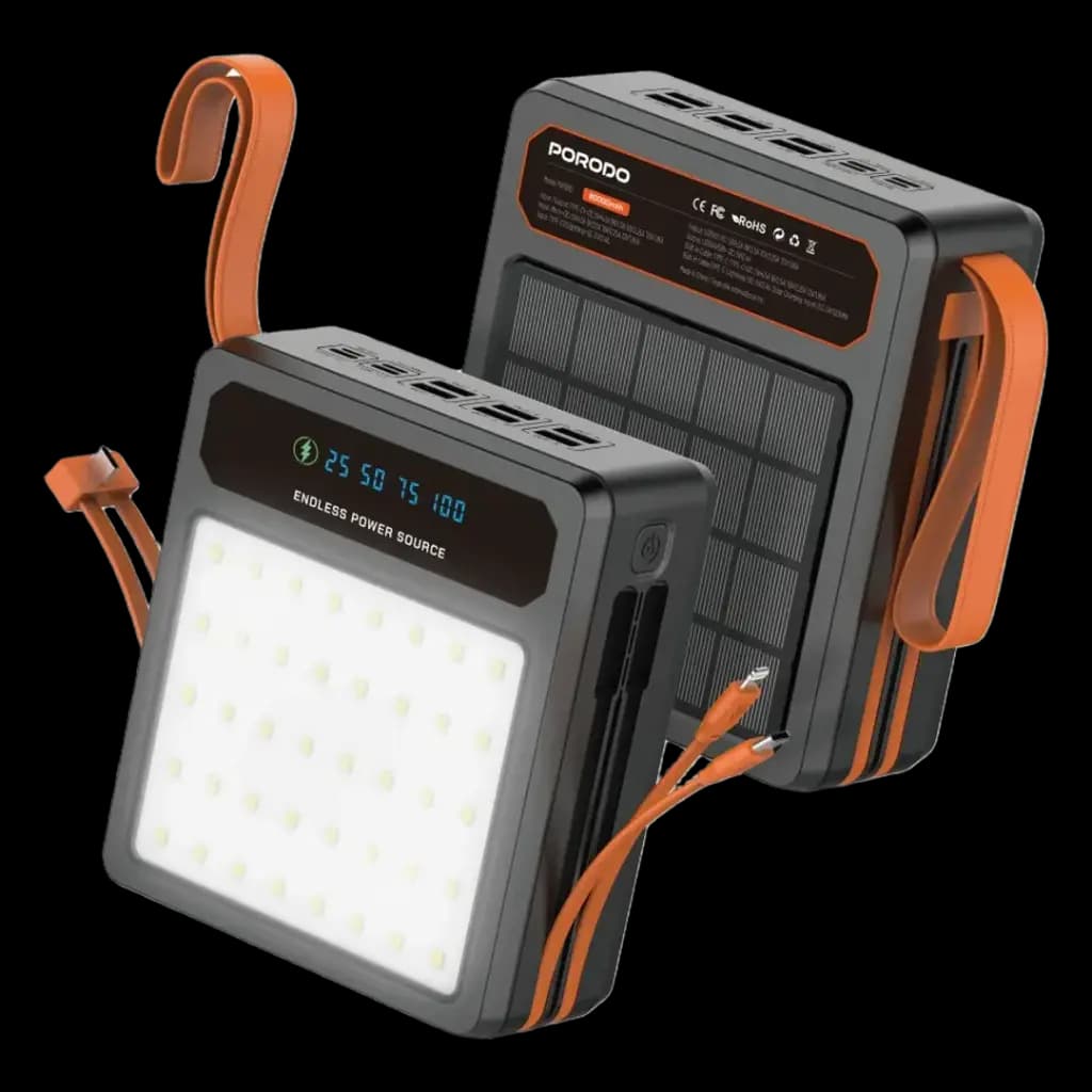 پاوربانک خورشیدی 80000 میلی آمپر پرودو Laros مدل (PDPB80) Porodo Laros Solar Power Bank with 22.5W Fast Charging & Built-In Cable