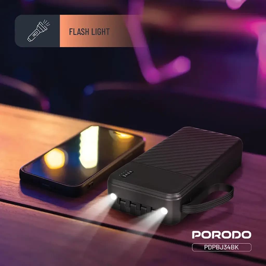 پاوربانک 20 هزار میلی‌آمپر پرودو همراه با کابل‌های داخلی مدل (PDPBJ34)Porodo Piano 20000mAh Power Bank with Integrated Cables — تصویر ۱۰