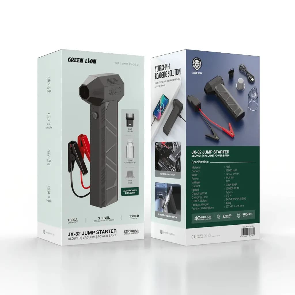 جامپ استارتر 12 هزار میلی آمپر چند کاره JX-82 گرین لاین(GNJUMSTJX82GY)Green Lion JX-82 Jump Starter – Blower, Vacuum, Power Bank 12000mAh – Grey — تصویر ۹