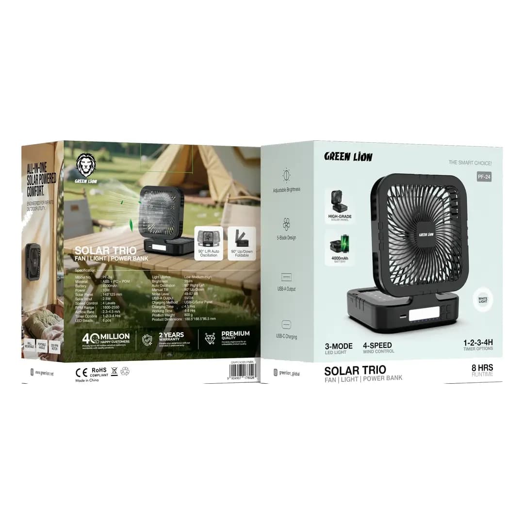 پنکه خورشیدی و شارژی قابل حمل به همراه چراغ و پاوربانک گرین لاین(GNPF24SOLFNBK)Green Lion Solar Trio Fan With Light & Power Bank – Black — تصویر ۵