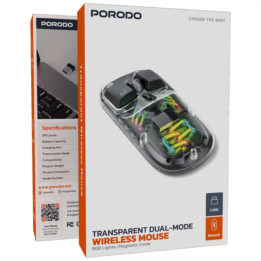 ماوس شفاف بی سیم دوحالته پرودو PorodoeTransparent Dual-Mode Wireless Mous (PD-TMDM) — تصویر ۴