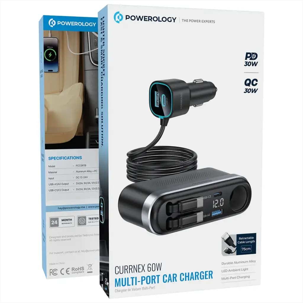 شارژر فندکی 6 خروجی 60 وات Currnex پاورولوژی(PCCSR19BK)Powerology Currnex 60W Multi-Port Car Charger – Black — تصویر ۳