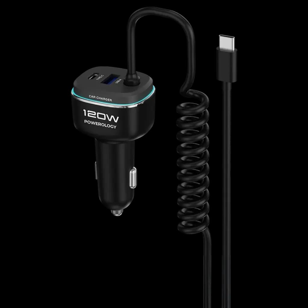 شارژر فندکی 120 وات با کابل تایپ سی پاورولوژی(PCCSR026BKGY)Powerology 120W Fast Car Charger – Black/Grey