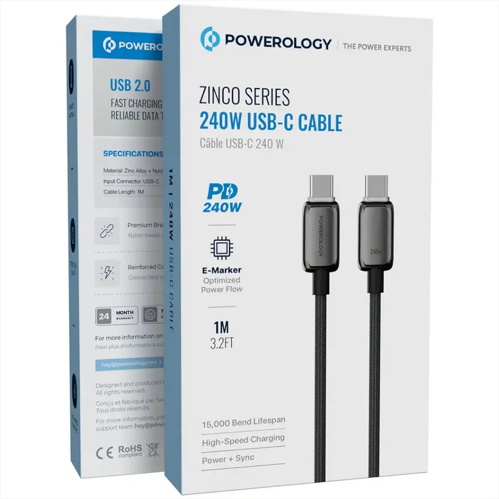 کابل USB-C به USB-C سری زینکو 240 وات پاورولوژی(PWDC240DGY)Powerology Zinco Series 240W USB-C Cable – Dark Gray — تصویر ۲