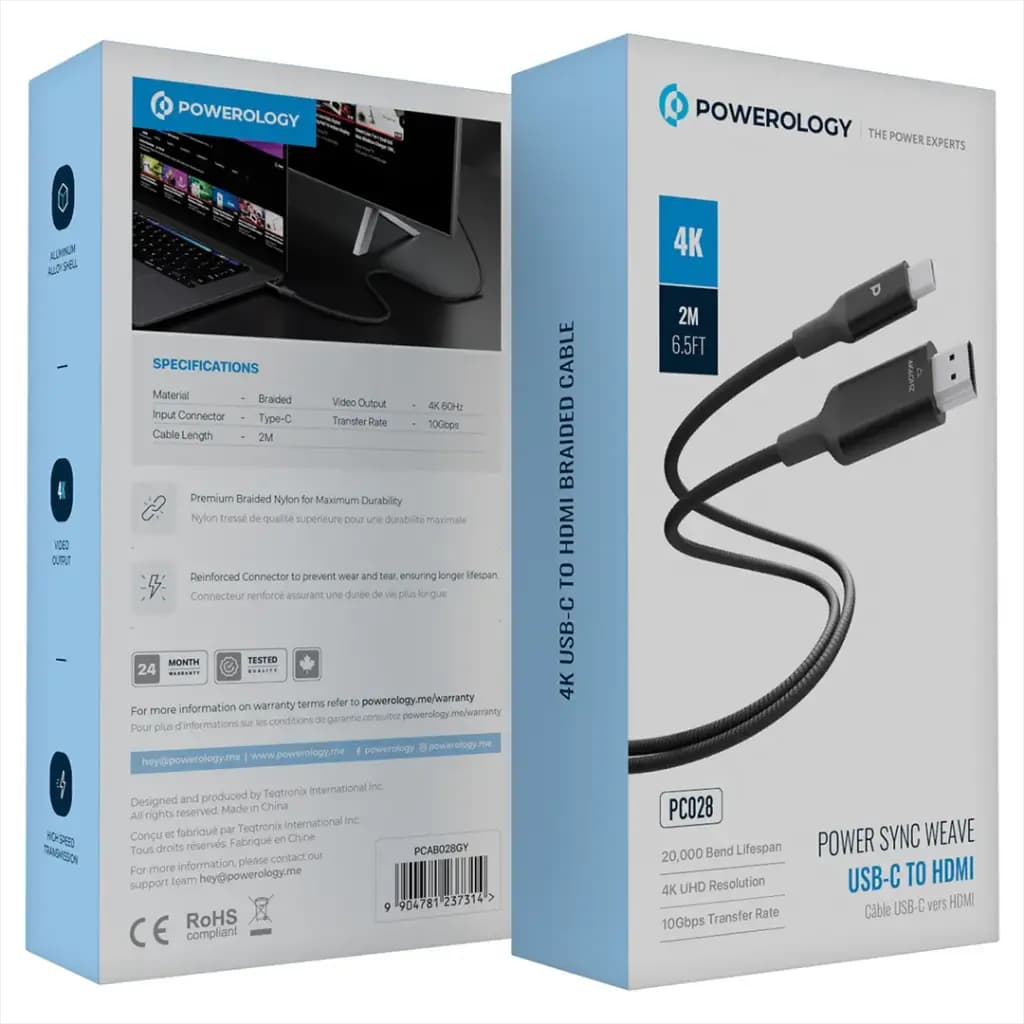 کابل تبدیل USB-C به HDMI مدل PowerSync Flex 4K پاورولوژی(PCAB028GY)Powerology Power Sync Flex 4K USB-C to HDMI 2m Cable – Gray — تصویر ۶