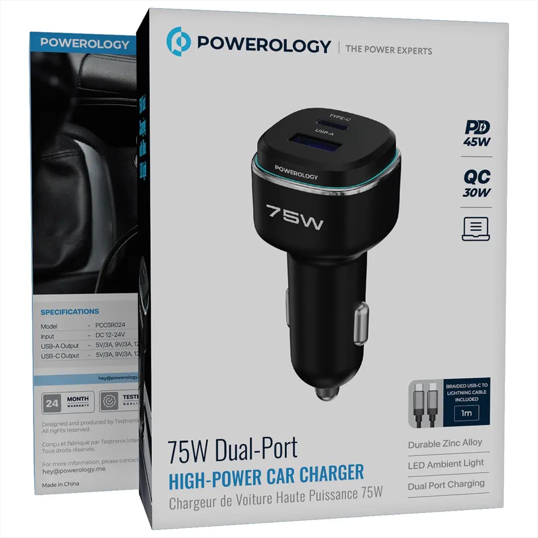 شارژر فندکی خودرو 75 وات 2 پورت با کابل لایتنینگ پاورلوژی(PCCSR024BK)Powerology 75W Dual-Port High-Power Car Charger with C to L Cable — تصویر ۴
