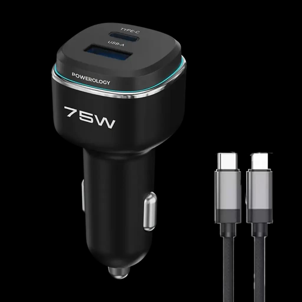 شارژر فندکی خودرو 75 وات 2 پورت با کابل لایتنینگ پاورلوژی(PCCSR024BK)Powerology 75W Dual-Port High-Power Car Charger with C to L Cable
