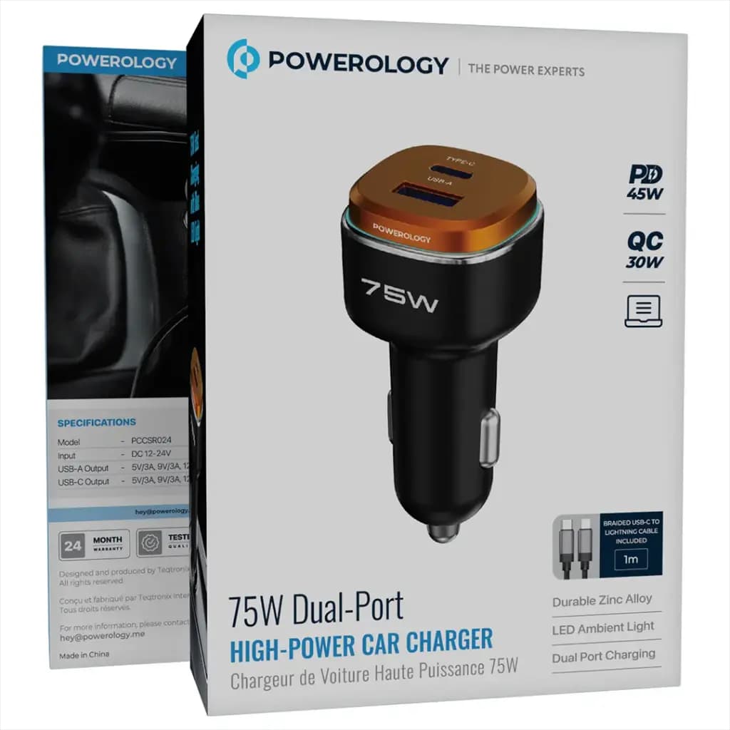 شارژر فندکی خودرو 75 وات 2 پورت با کابل لایتنینگ پاورلوژی(PCCSR024BK)Powerology 75W Dual-Port High-Power Car Charger with C to L Cable — تصویر ۶