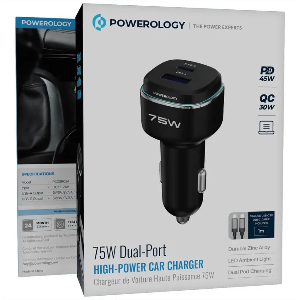 شارژر فندکی خودرو 75 وات 2 پورت با کابل لایتنینگ پاورلوژی(PCCSR024BK)Powerology 75W Dual-Port High-Power Car Charger with C to L Cable — تصویر ۸