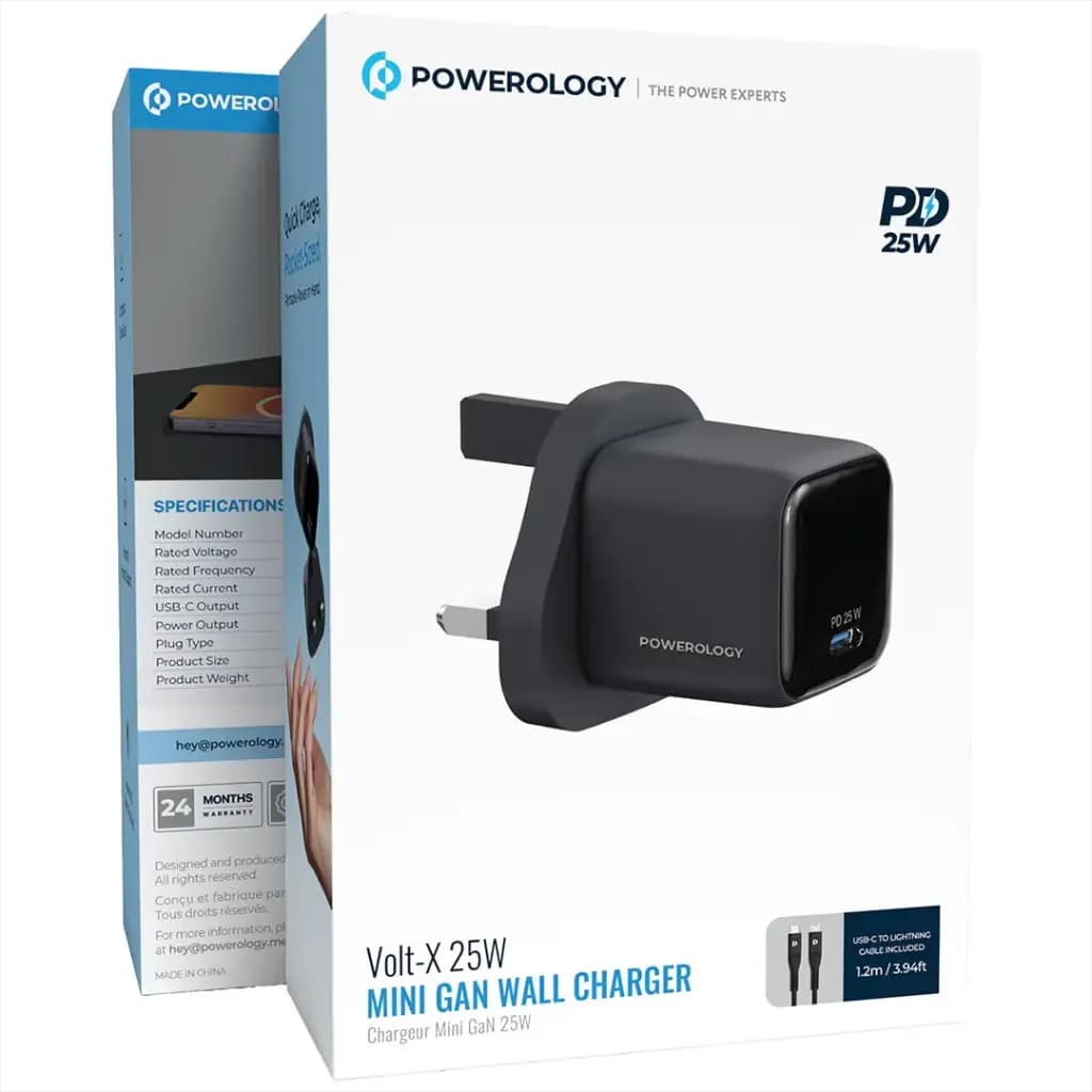 شاژر دیواری 25 وات با کابل لایتنینگ Volt-X پاورولوژی(PWP5525CTOLBK)Powerology Volt-X 25W Mini Gan Wall Charger with C to L Cable — تصویر ۲