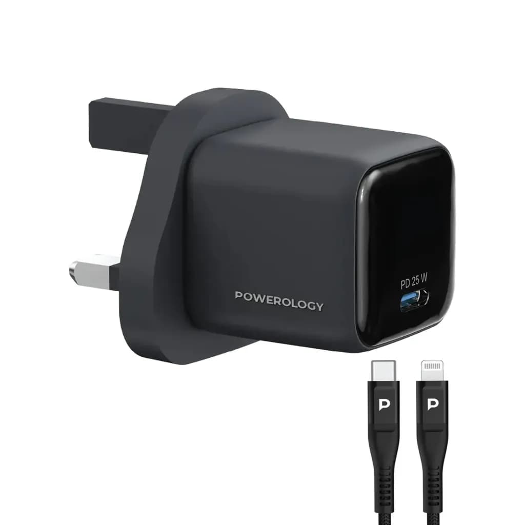 شاژر دیواری 25 وات با کابل لایتنینگ Volt-X پاورولوژی(PWP5525CTOLBK)Powerology Volt-X 25W Mini Gan Wall Charger with C to L Cable