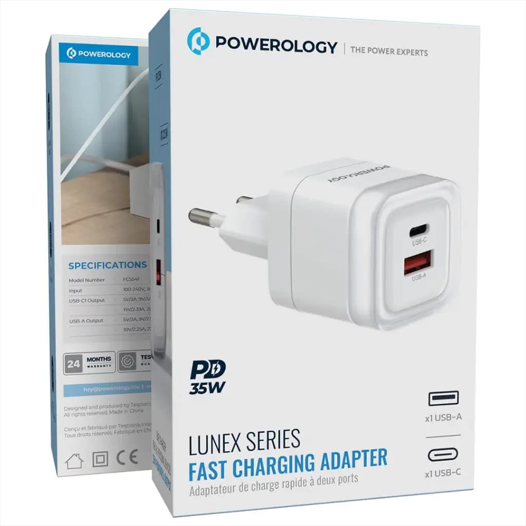 شارژر فست شارژ 35 وات 2 خروجی Lunex پاورولوژی(PWFC554EWH)Powerology Lunex Series Fast Charging Adapter PD 35W – White — تصویر ۳