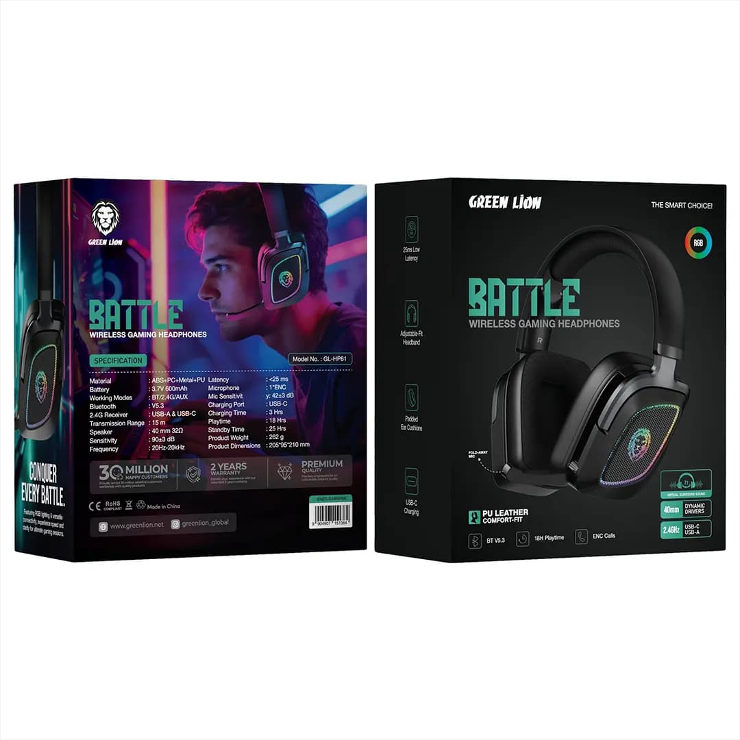 هدفون گیمینگ Battle گرین لاین(GNBTLGAMHPBK)Green Lion Battle Wireless Gaming Headphones – Black — تصویر ۲