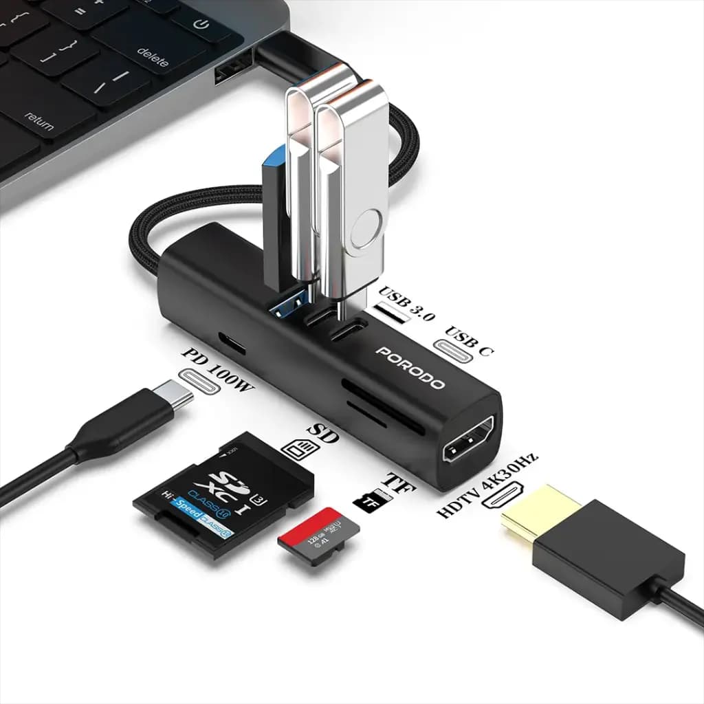 هاب 7 پورت با سرعت 5 گیگابیت بر ثانیه پرودو(PD35037IN1BK)Porodo 7-In-1 Multi-Port USB Hub with 5Gbps Transfer Speed – Black — تصویر ۸