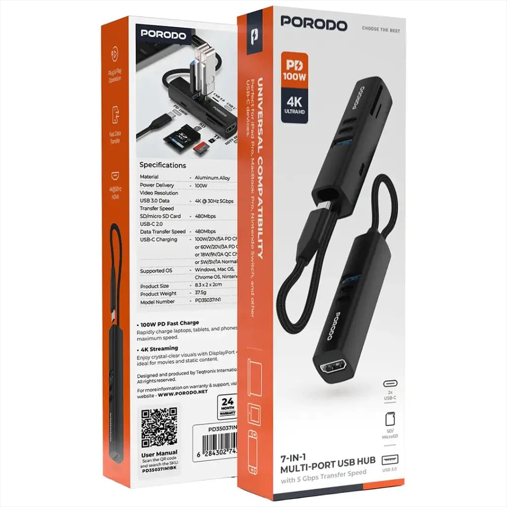 هاب 7 پورت با سرعت 5 گیگابیت بر ثانیه پرودو(PD35037IN1BK)Porodo 7-In-1 Multi-Port USB Hub with 5Gbps Transfer Speed – Black — تصویر ۶