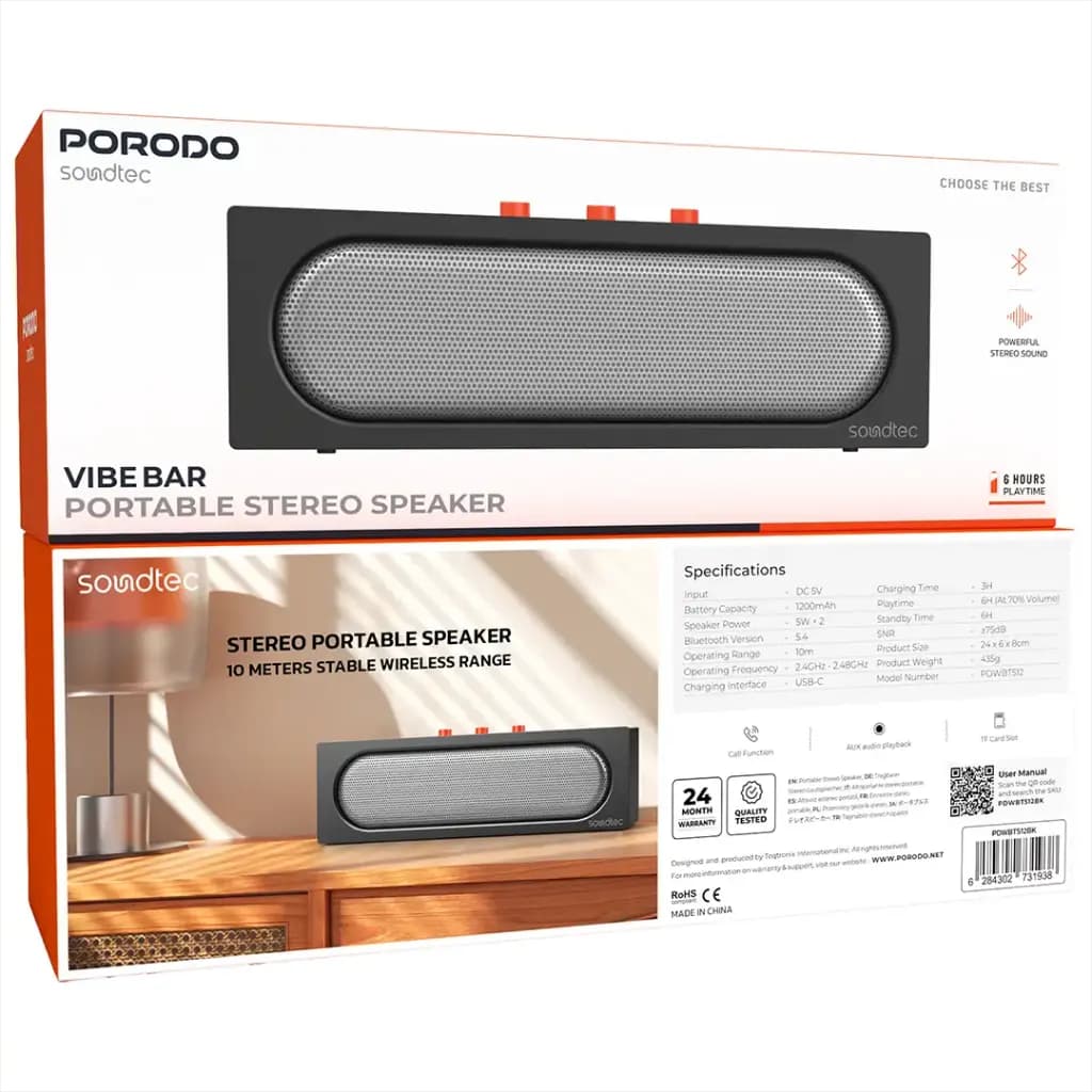 اسپیکر شارژی قابل حمل VibeBar پرودو(PDWBT512BK)Porodo Soundtec Vibe Bar Portable Stereo Speaker – Black — تصویر ۴