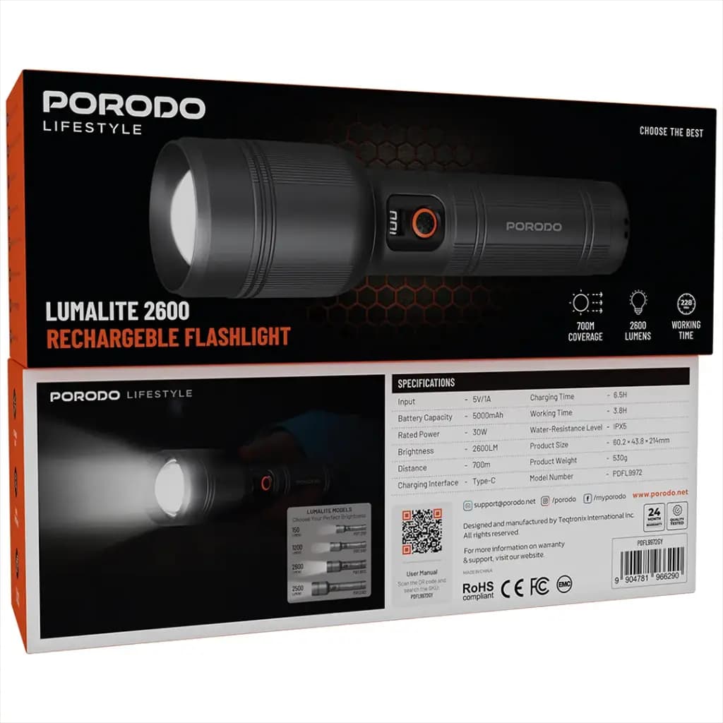 چراغ قوه شارژی 2600 لومن پرودو(PDFL9972GY)Porodo Lifestyle Lumalite 2600 Rechargeable Flashlight – Grey — تصویر ۷