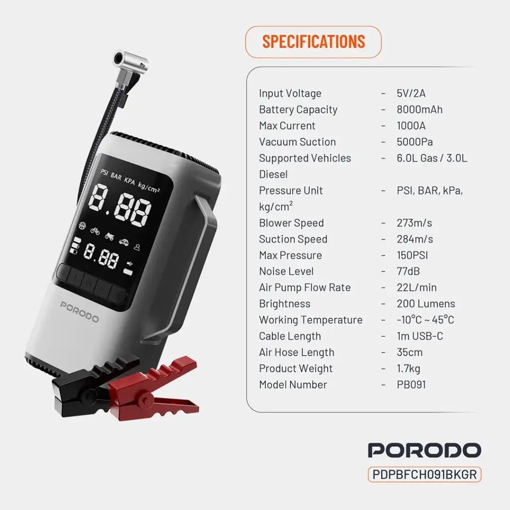جامپ استارتر 6 کاره 8 هزار میلی آمپر پرودو(PDPBFCH091BKGR)Porodo Multi-Function 6-In-1 Power Tool Jump Starter with Air Compressor & Power Bank – Black Gray — تصویر ۱۱