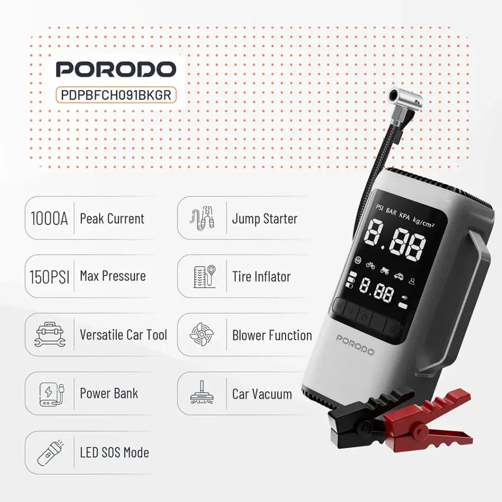 جامپ استارتر 6 کاره 8 هزار میلی آمپر پرودو(PDPBFCH091BKGR)Porodo Multi-Function 6-In-1 Power Tool Jump Starter with Air Compressor & Power Bank – Black Gray — تصویر ۴
