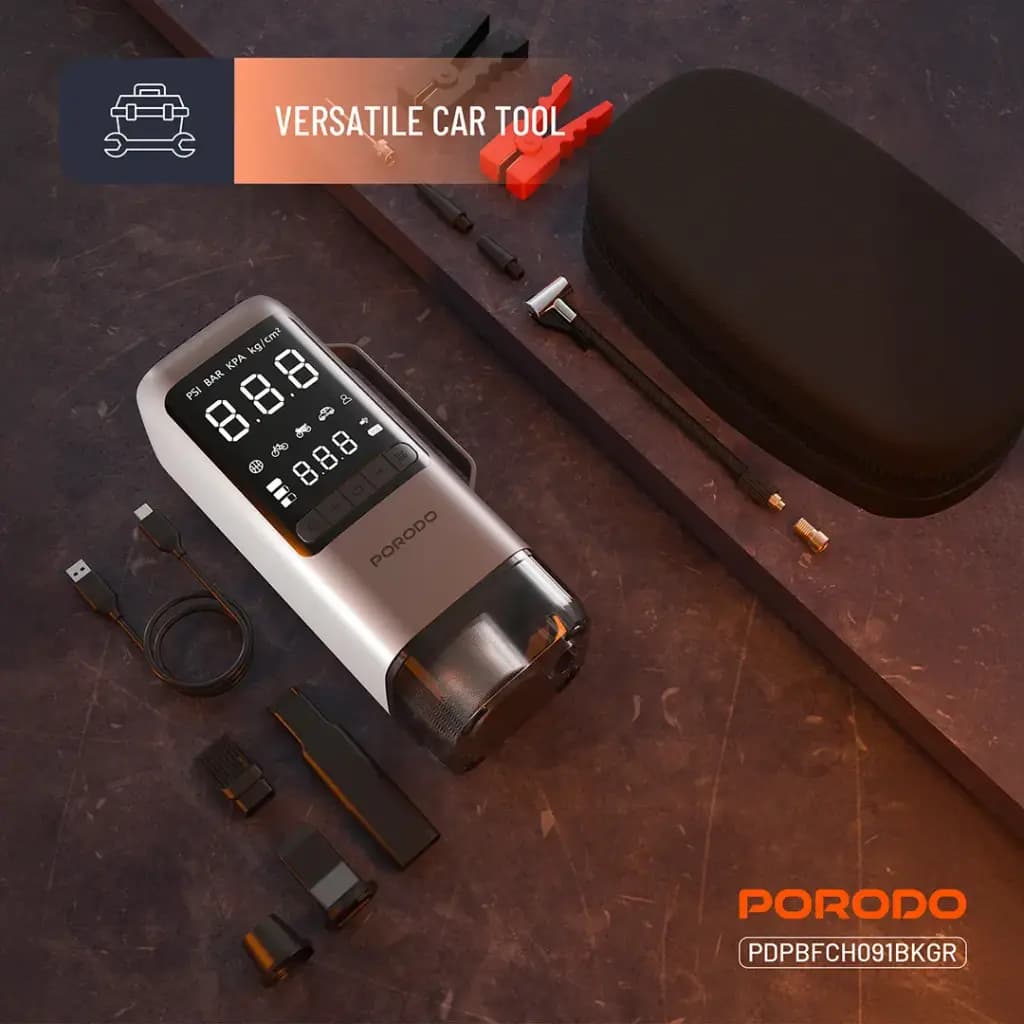 جامپ استارتر 6 کاره 8 هزار میلی آمپر پرودو(PDPBFCH091BKGR)Porodo Multi-Function 6-In-1 Power Tool Jump Starter with Air Compressor & Power Bank – Black Gray — تصویر ۸