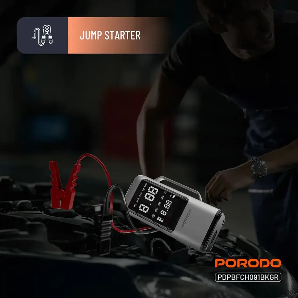 جامپ استارتر 6 کاره 8 هزار میلی آمپر پرودو(PDPBFCH091BKGR)Porodo Multi-Function 6-In-1 Power Tool Jump Starter with Air Compressor & Power Bank – Black Gray — تصویر ۲
