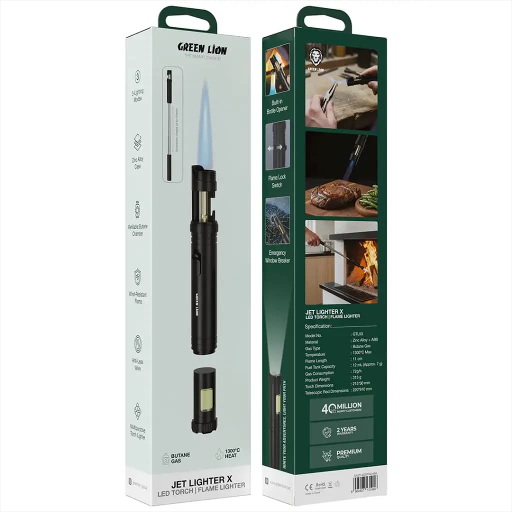 فندک جت اتمی به همراه چراغ قوه و شعله افکن ایکس گرین لاین(GNJTLXGSTRCHBK)Green Lion Jet Lighter X LED Torch & Flame Lighter – Black — تصویر ۱۰