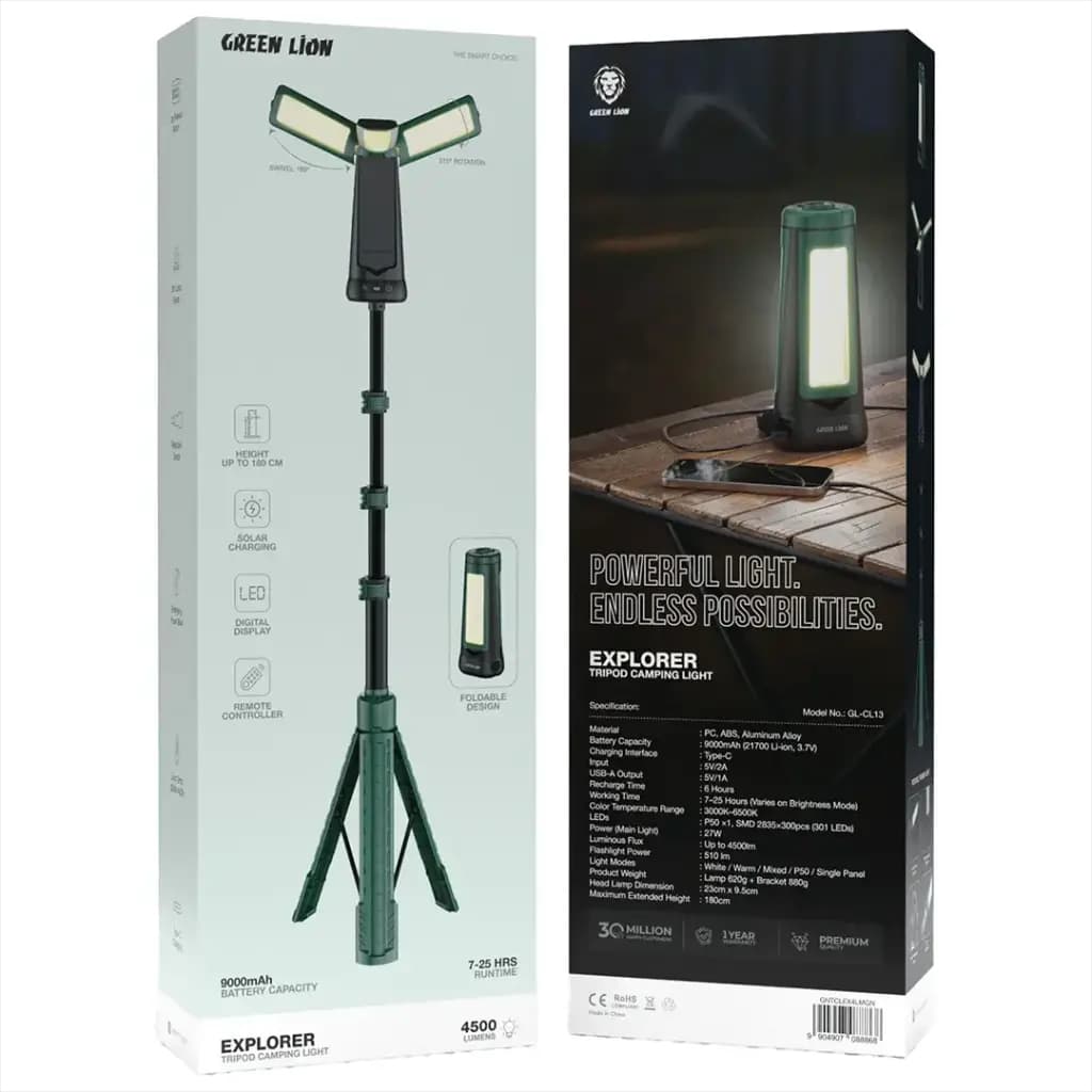 چراغ کمپینگ شارژی با سه پایه گرین لاین(GNTCLEX4LM)Green Lion Explorer Tripod Camping Light – Green — تصویر ۲