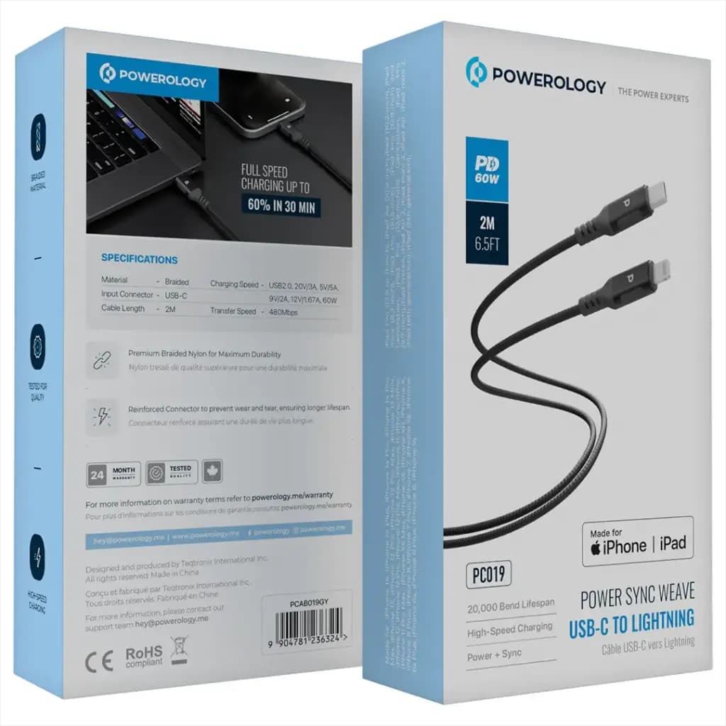 کابل نایلونی تایپ سی به لایتنینگ 60 وات 2 متری پاورولوژی(PCAB019)Powerology Power Sync Weave USB-C to Lightning PD 60W – Black — تصویر ۷