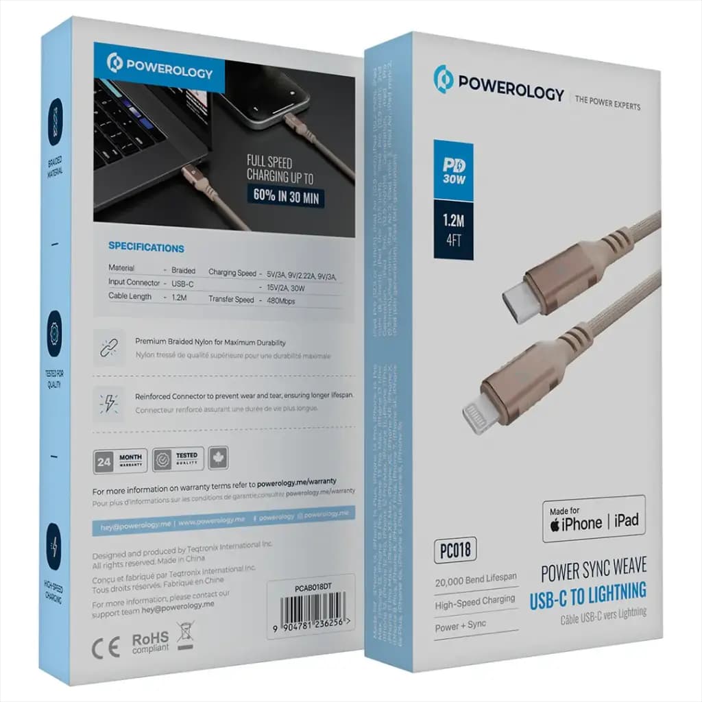 کابل نایلونی تایپ سی به لایتنینگ 30 وات پاورولوژی(PCAB018)Powerology Power Sync Weave USB-C to Lightning PD 30W — تصویر ۵