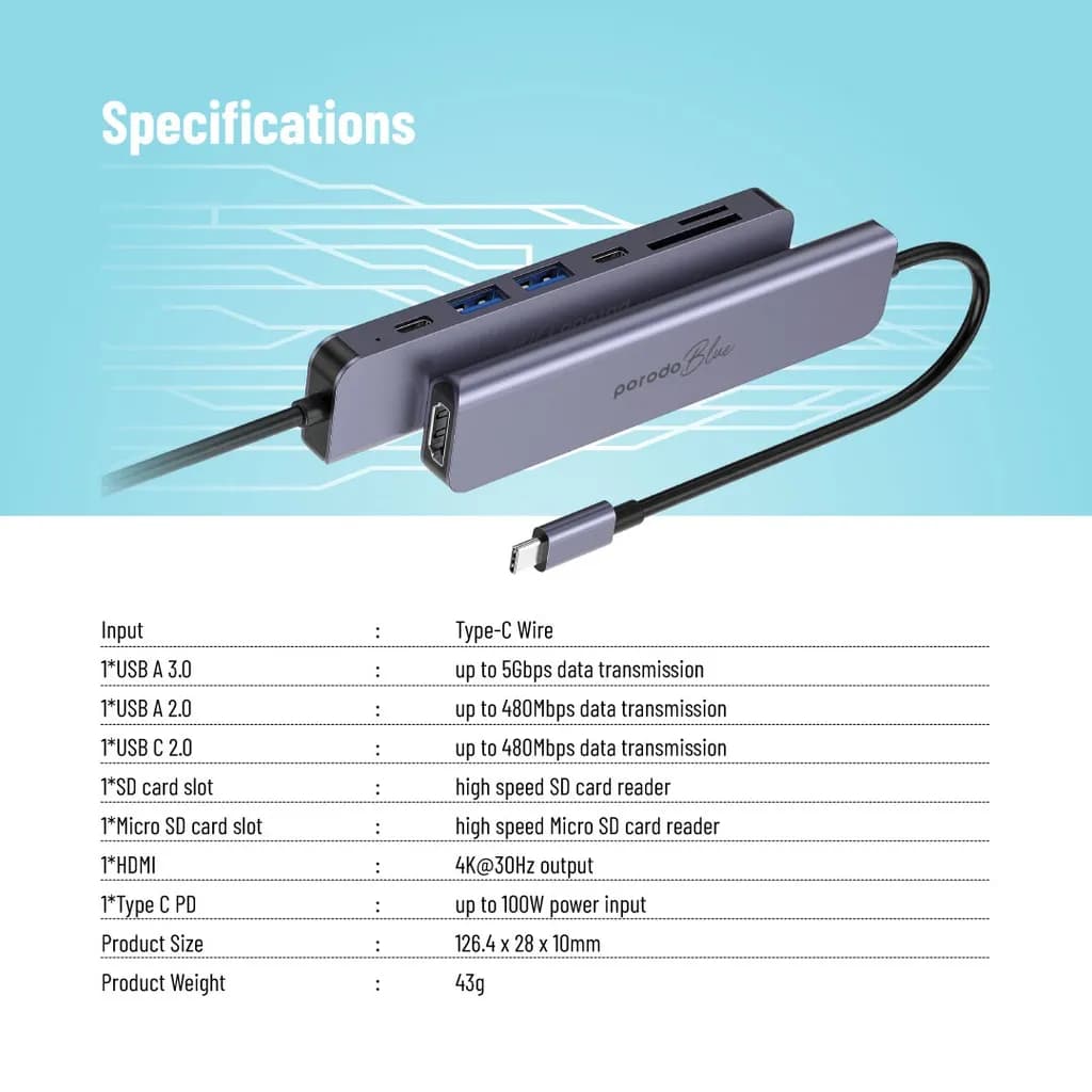 هاب 7 در 1 پرودو(PB-71HBC)Porodo Blue 7 In 1 Hub HDMI 2XUSB-A 2XUSB-C SD MicroSD — تصویر ۴