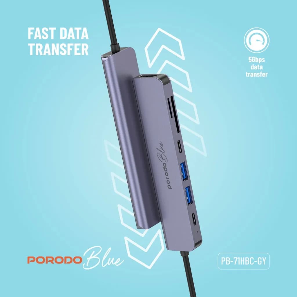هاب 7 در 1 پرودو(PB-71HBC)Porodo Blue 7 In 1 Hub HDMI 2XUSB-A 2XUSB-C SD MicroSD — تصویر ۳