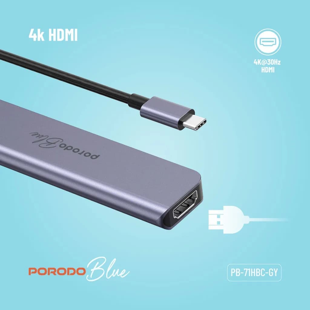 هاب 7 در 1 پرودو(PB-71HBC)Porodo Blue 7 In 1 Hub HDMI 2XUSB-A 2XUSB-C SD MicroSD — تصویر ۲