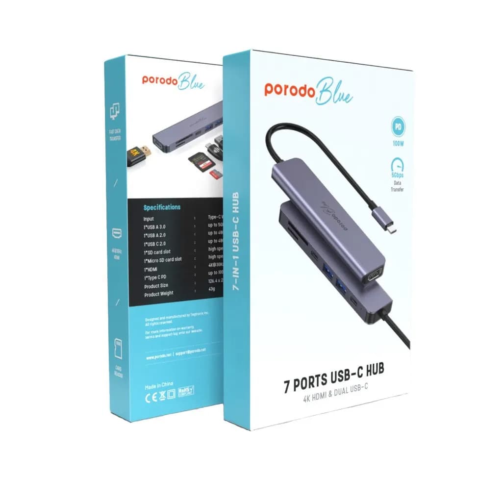 هاب 7 در 1 پرودو(PB-71HBC)Porodo Blue 7 In 1 Hub HDMI 2XUSB-A 2XUSB-C SD MicroSD — تصویر ۵