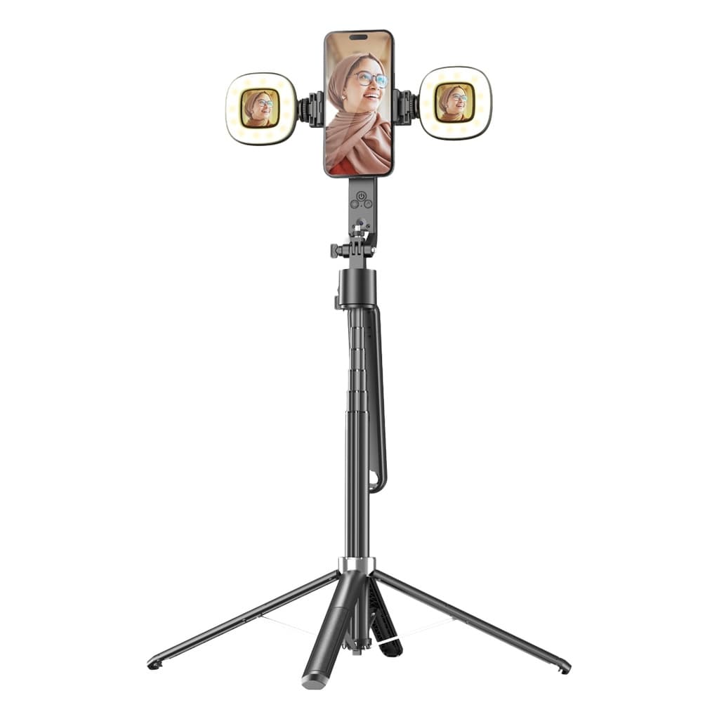 سه پایه موبایل همراه با نور و چرخش 360 درجه پرودو(PD-TRSLFT)Porodo Selfie Stick Pro X with 360º AI Tracking – Black — تصویر ۴